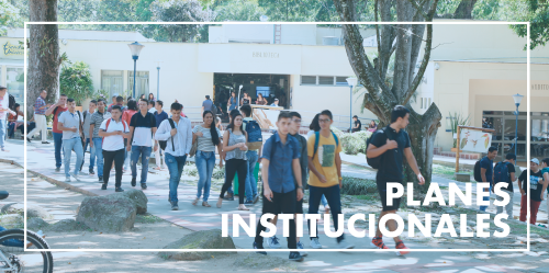Imagen con recuadro para la información sobre planes institucionales, en la imagen se pueden ver un grupo de estudiantes caminando cerca a la biblioteca de Unibagué